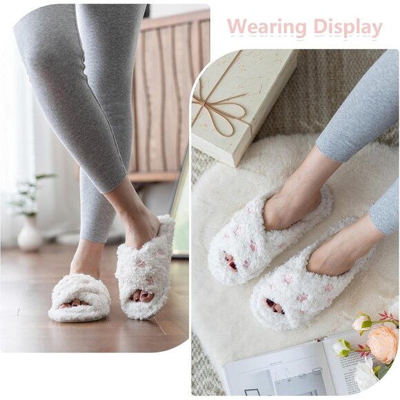 ⚡Women’s White Cat Paw Faux Fur Cozy Fuzzy Cross Band Slippers House Shoes - Picture 2 of 6